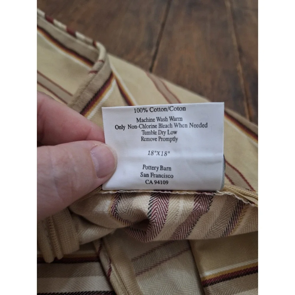 Pottery Barn Classic Stripe Pillow Cover 18x18 Tan Burgundy Gold Cotton NWT